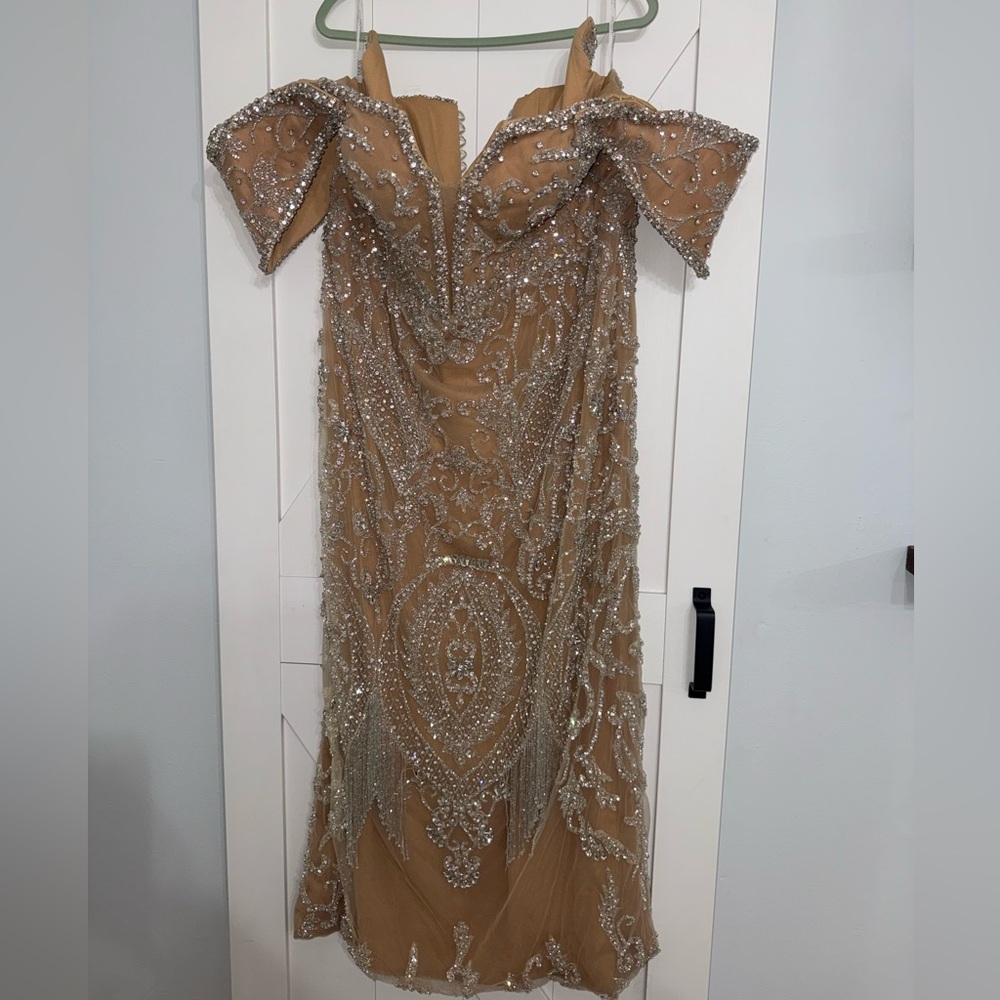 Beaded Champagne Off-Shoulder Evening Dress - Custom Kosov Gown